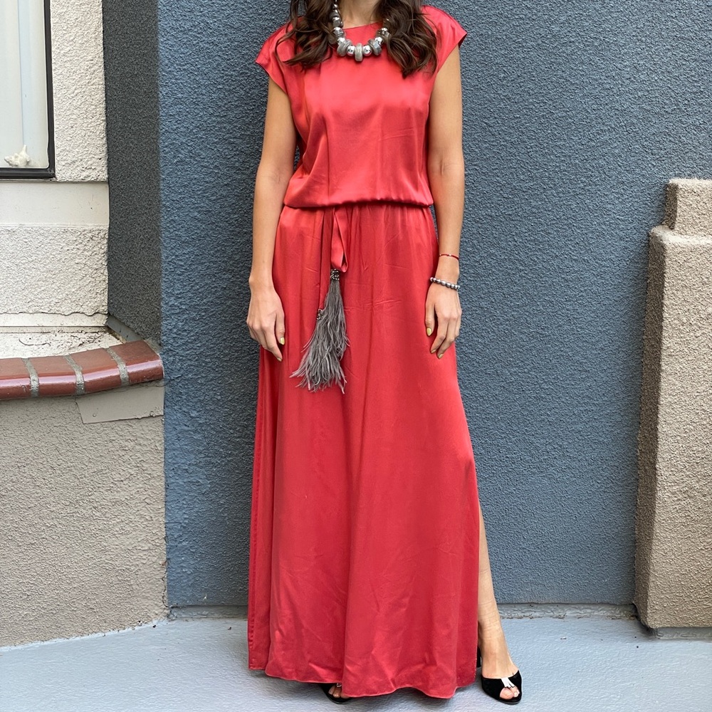 Adolfo Dominguez Red Silk Gown w/ Feather Tassels & Lace Back - EUR 40 (US 8-10